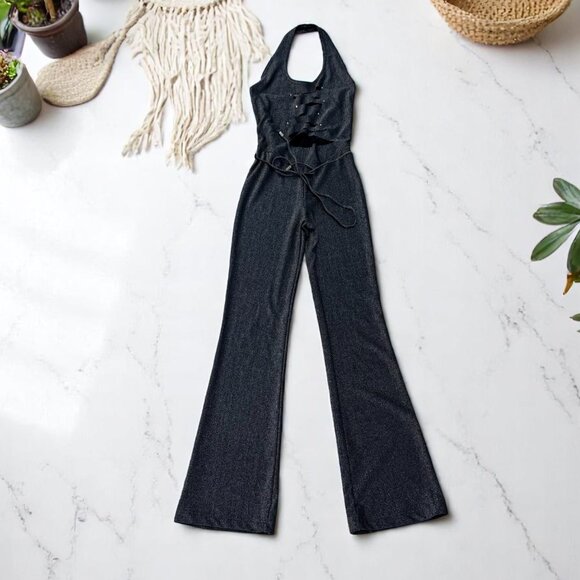 Vintage Kitty Y2K 90s Catsuit Playsuit Jumpsuit Wide Leg Size XS Black Silver - Picture 2 of 10